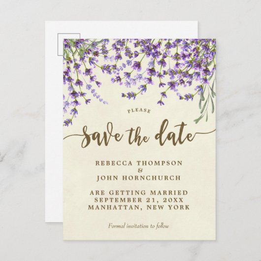 Boho lavendel bloemenbruiloft Bewaar de datum Aankondigingskaart (Voorkant / Achterkant)