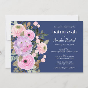 Boho Lavender Blue Floral Waterverf Bat Mitzvah Kaart