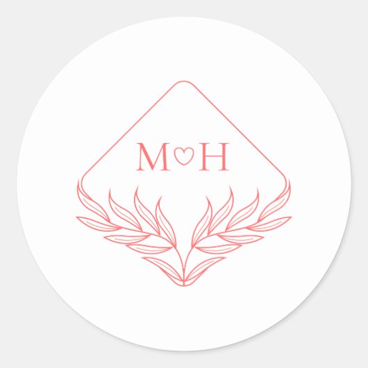 Boho Leaf Monogram Koraal Roze Huwelijk Ronde Sticker (Voorkant)