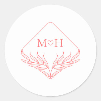 Boho Leaf Monogram Koraal Roze Huwelijk Ronde Sticker