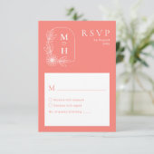 Boho Leaf Monogram Koraal Roze Huwelijk RSVP Kaartje (Staand voorkant)