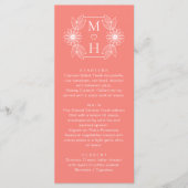 Boho Leaf Monogram Koraal Roze Trouwdiner Menu (Voorkant)
