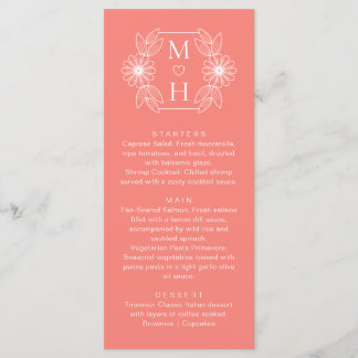 Boho Leaf Monogram Koraal Roze Trouwdiner Menu