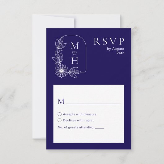 Boho Leaf Monogram Stijlvolle Blauw en Wit Trouwen RSVP Kaartje (Voorkant)