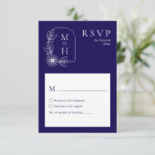 Boho Leaf Monogram Stijlvolle Blauw en Wit Trouwen RSVP Kaartje (Staand voorkant)