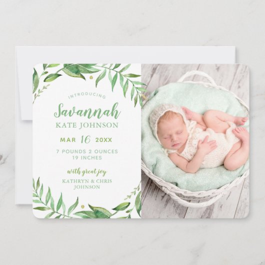 Boho Leaves Foto Birth Announement Aankondiging (Voorkant)