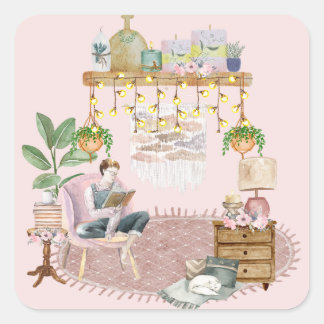 Boho Leesruimte Vierkante Sticker