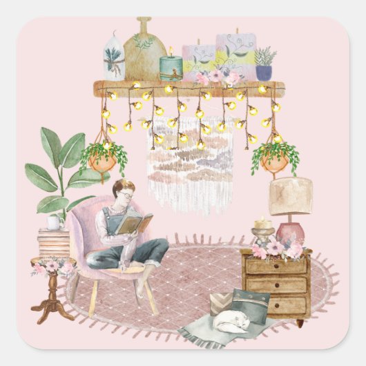 Boho leeszaal vierkante sticker (Voorkant)