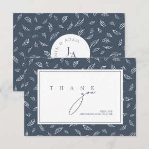 Boho Leisteenblauwe Blad Monogram Huwelijk Bedankkaart