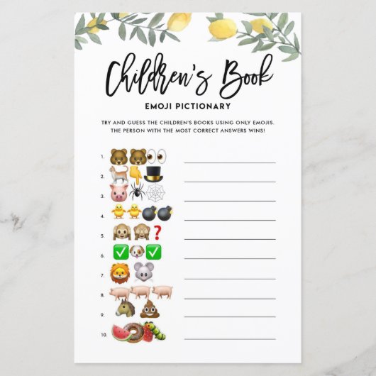 Boho Lemon Emoji Pictionary Books Baby shower Game (Voorkant)