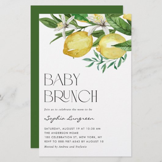 Boho Lemon en Blooms Baby Brunch Invitation (Voorkant / Achterkant)