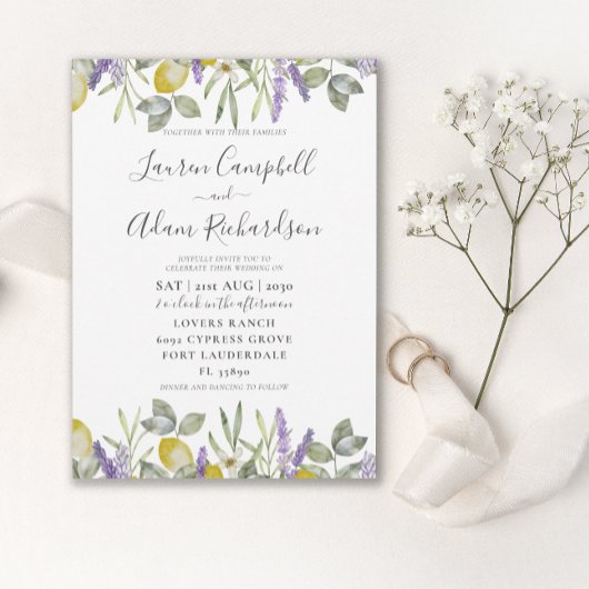 Boho Lemon & Lavender Foliage Wedding Invitation Kaart