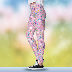 Boho Lente Blauwe en Paarse Waterverf Roze Bloemen Leggings