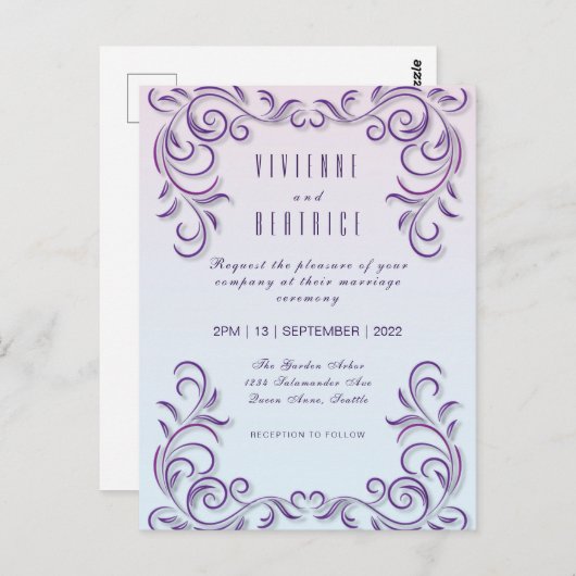 Boho Lesbian mariage Lilac invitation (Devant / Derrière)