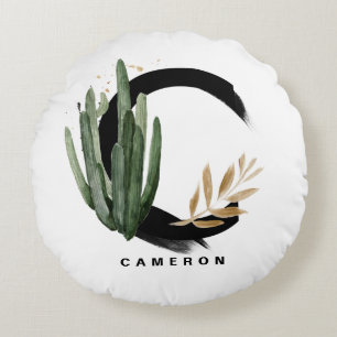 Boho Letter C Monogram Waterverf Tropische Cactus Rond Kussen