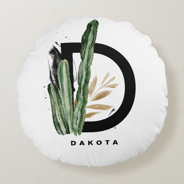 Boho Letter D Monogram | Monogram tropische cactus Rond Kussen (Voorkant)