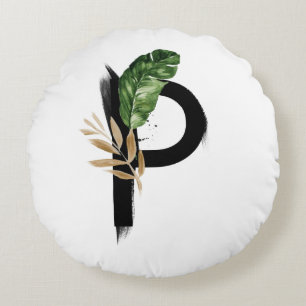 Boho Letter P Monogram Palm laat tropisch Rond Kussen