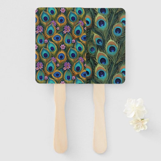 Boho Levendige Pauwenveren Bloemen Handwaaier (Voorkant en achterkant)