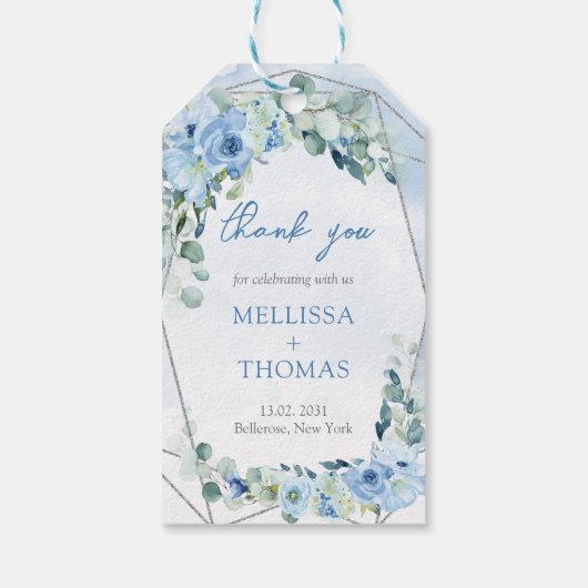 Boho lichtblauw bloemeucalyptus zilver lijst cadeaulabel (Achterkant)