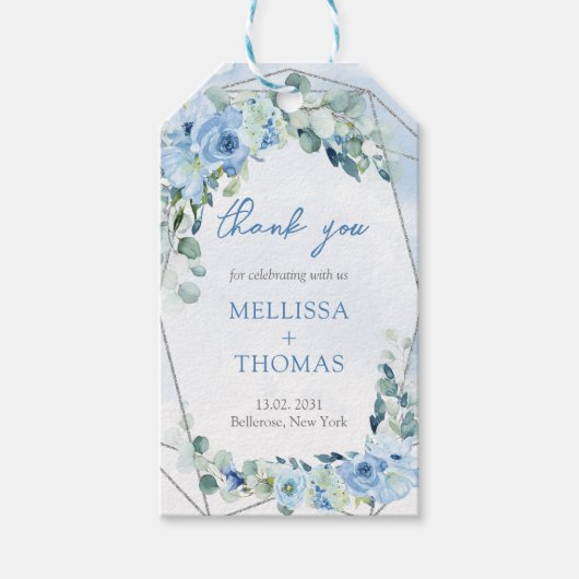 Boho lichtblauwe bloemen eucalyptus zilveren lijst cadeaulabel (Voorkant)