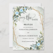Boho lichtblauwe bloemetjes Eucalyptus en goud lij Save The Date (Voorkant)