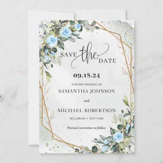 Boho lichtblauwe bloemetjes Eucalyptus en goud lij Save The Date (Voorkant)