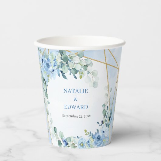 Boho lichtblauwe bloemeucalyptus en goud lijst papieren bekers (Voorkant)