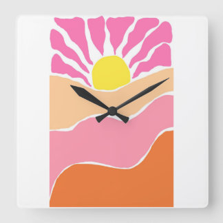 Boho lichtroze en oranje zonsondergang  vierkante klok