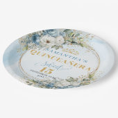 Boho Light Blue Floral Gold Glitter Custom Name  Papieren Bordje (Gekanteld)