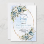 Boho Light Blue Floral Greenery Baby Shower Invite Kaart (Voorkant)