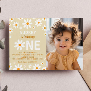 Boho Light Daisy First Birthday Photo Invitation
