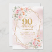 Boho Light Pink Gold Floral 90th Birthday Invites Kaart (Voorkant)