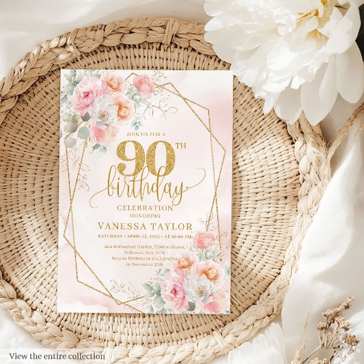 Boho Light Pink Gold Floral 90th Birthday Invites Kaart