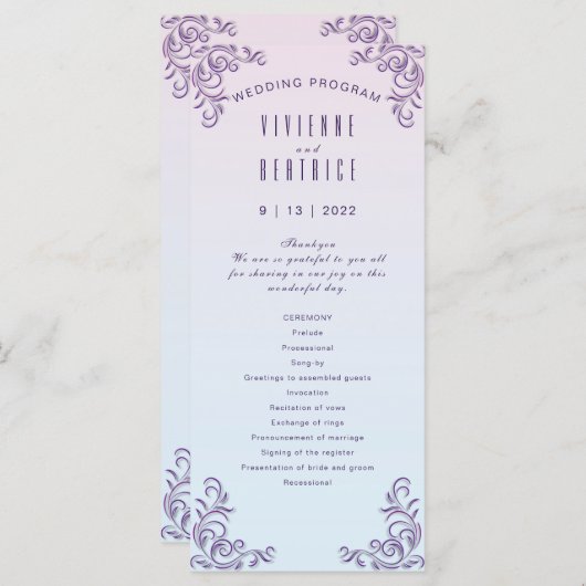 Boho lila decoratieve lesbische bruiloft programma (Voorkant / Achterkant)