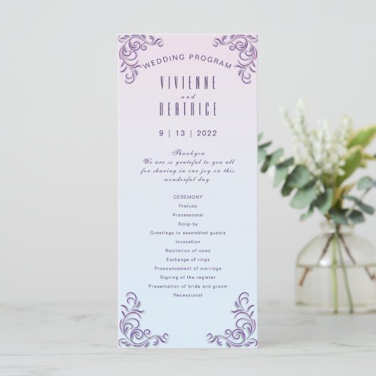Boho lila decoratieve lesbische bruiloft programma (Staand voorkant)