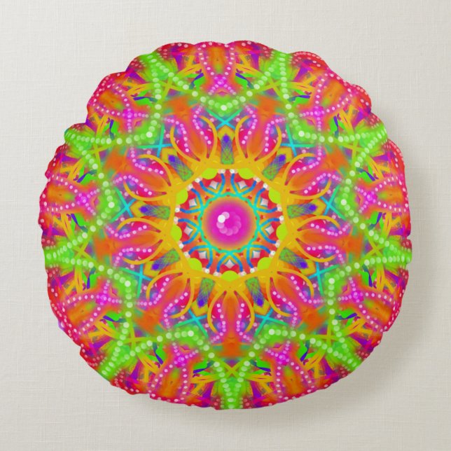 Boho Lime Green Star Mandala Rond Kussen (Voorkant)