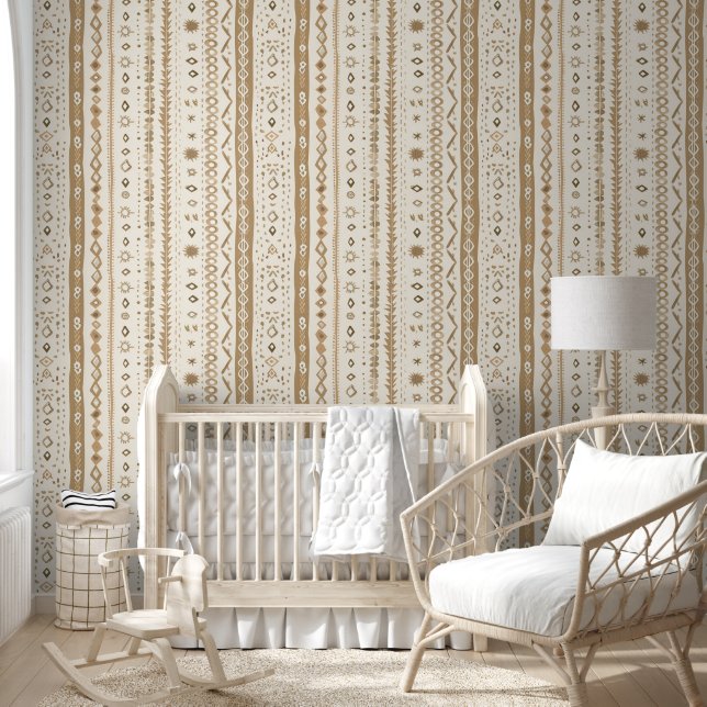 Boho Line Pattern en Neutral Brown Ornamenten Behang (Kinderen)