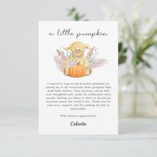 Boho Little Lamb Pompoen Waterverf Baby shower Bedankkaart (Staand voorkant)