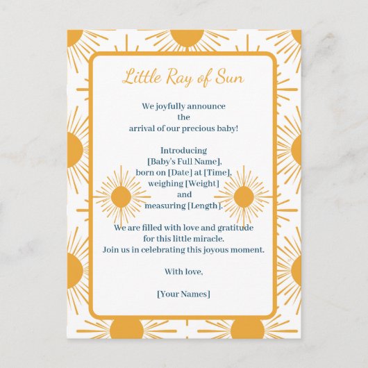 Boho Little Ray of Sun Geboorte Aankondiging (Voorkant)
