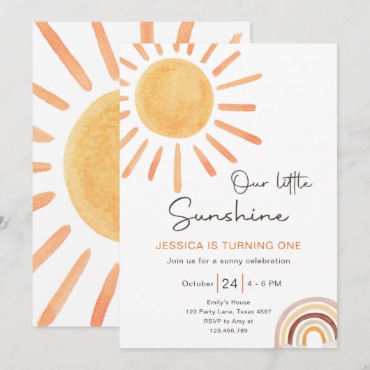 Boho Little Sunshine 1st Birthday Invitation Sun Kaart (Voorkant / Achterkant)