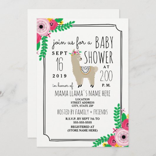 Boho Llama Baby shower Floral Invitation (Devant / Derrière)