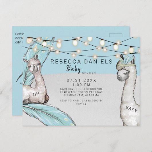 Boho Llama Feather Oh Baby Boy Douche Faire-part (Devant / Derrière)