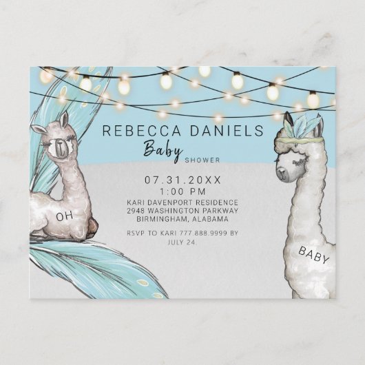 Boho Llama Feather Oh Baby Boy Douche Faire-part (Devant)