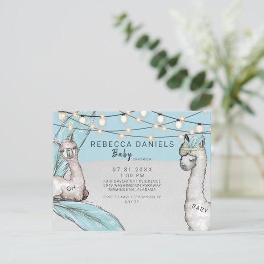 Boho Llama Feather Oh Baby Boy Douche Faire-part (Debout devant)