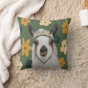 Boho Llama Green Retro Flowers Kussen