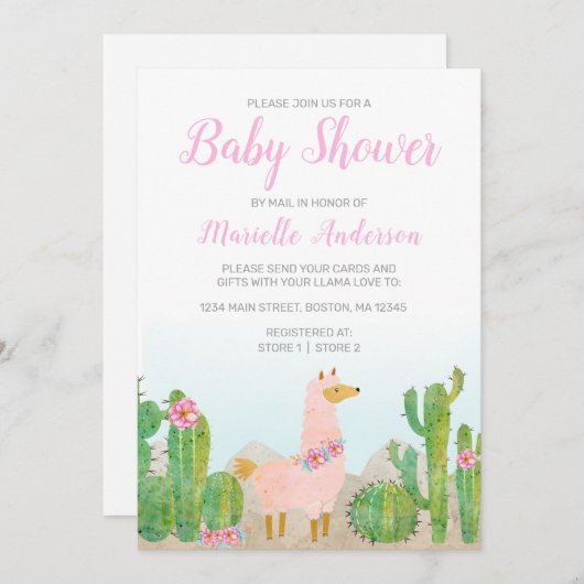 Boho Llama Roze Waterverf Baby shower per post Kaart (Voorkant / Achterkant)