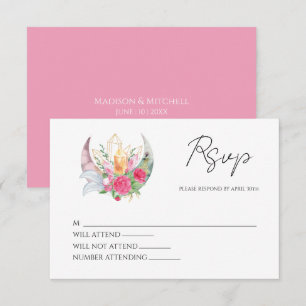 Boho Maan Kristallen Veren Roze Bloemen Bruiloft RSVP Kaartje