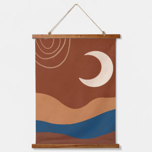 Boho Maan Lijnen Landschap Terracotta Beige Blauw  Hangend Wandkleed