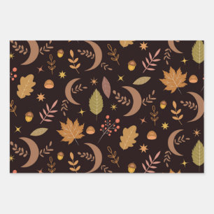 Boho maan met herfstbladerenpatroon inpakpapier vel