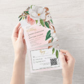 Boho Magnolia Floral & Cotton Pink QR Code All In One Uitnodiging (Afscheurbaar)